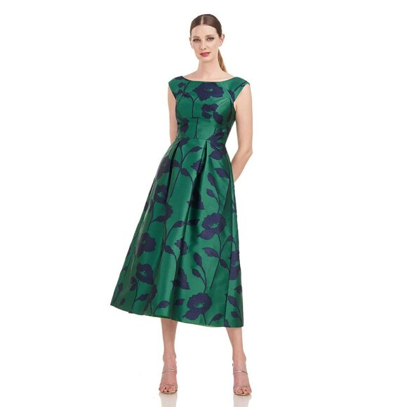 Kay Unger Green Floral Jenni Jacquard Fit Flare Tea Length Dress MOB Wedding 4 - Picture 1 of 16